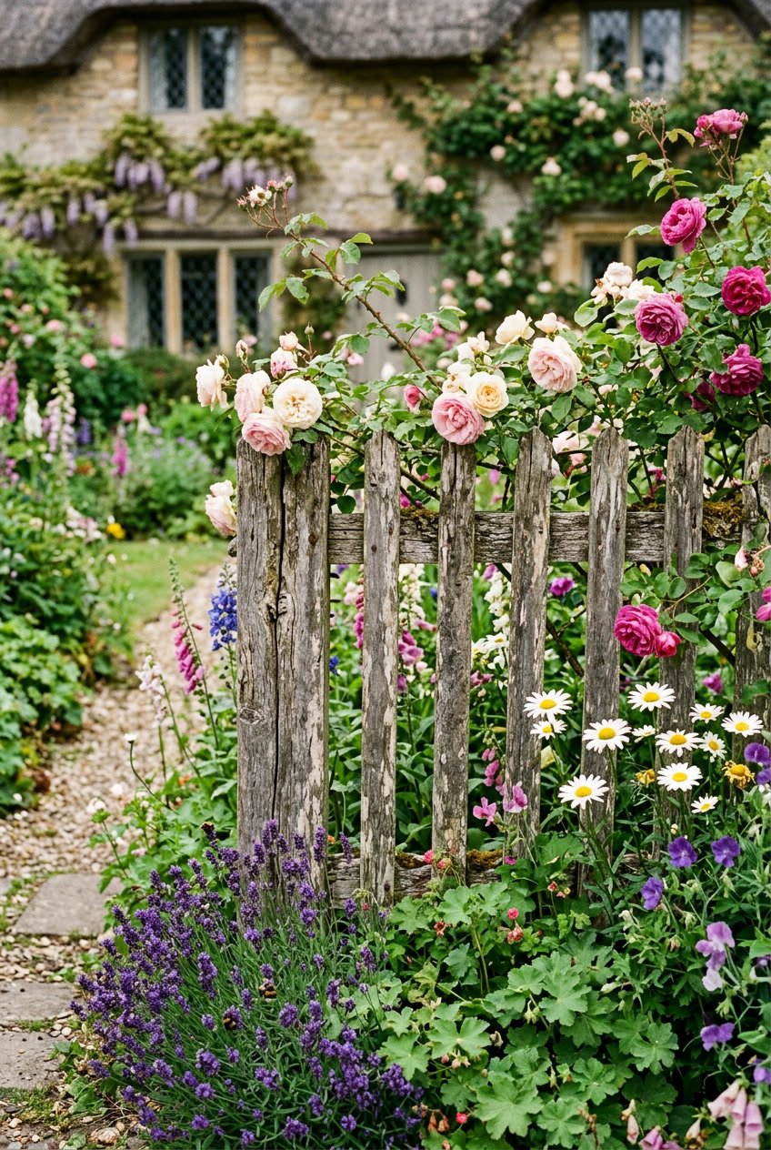 A weathered wooden fence surrounded by blooming flowers and greenery in a garden.