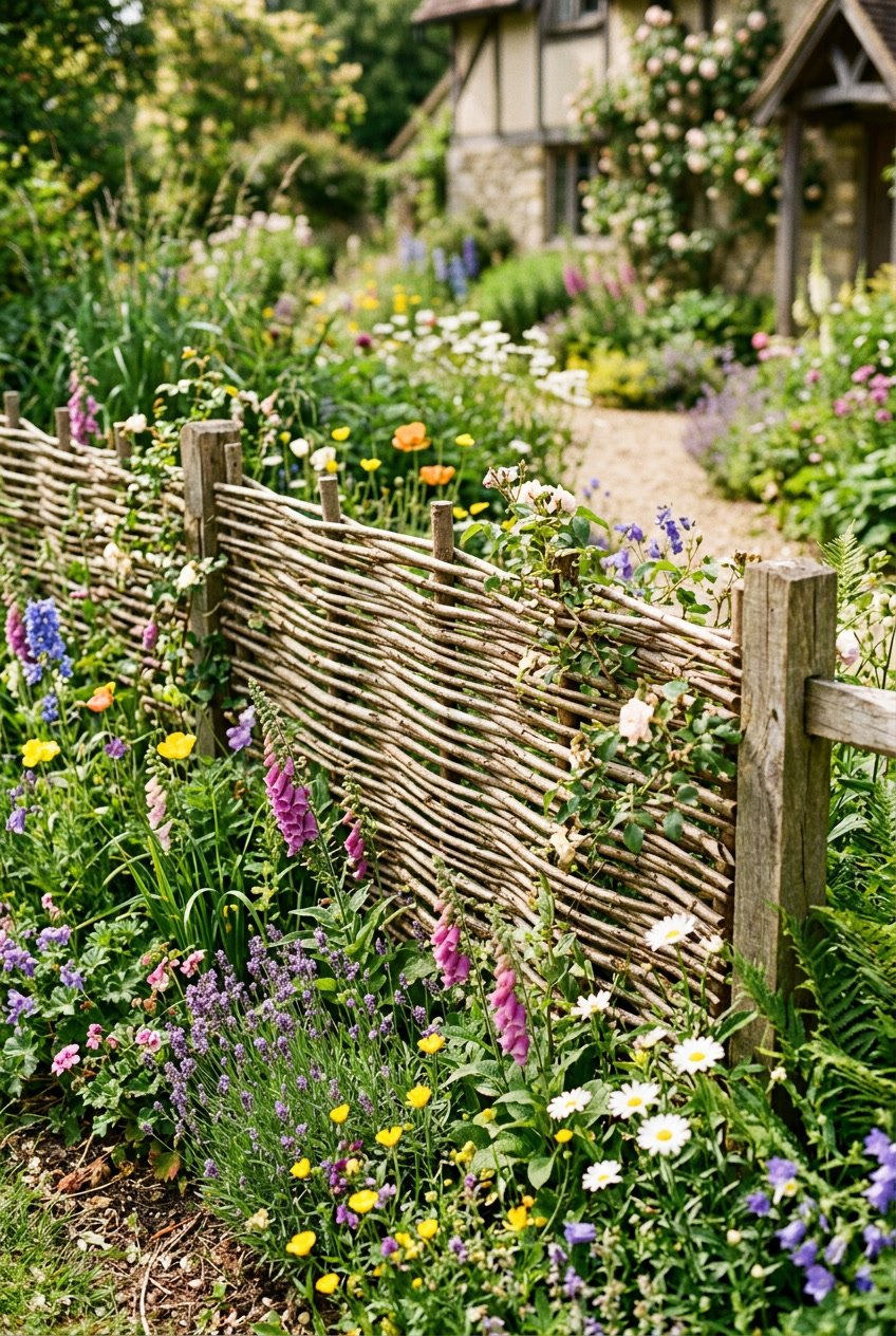 A woven willow fence surrounded by colorful wildflowers and green plants in a garden.