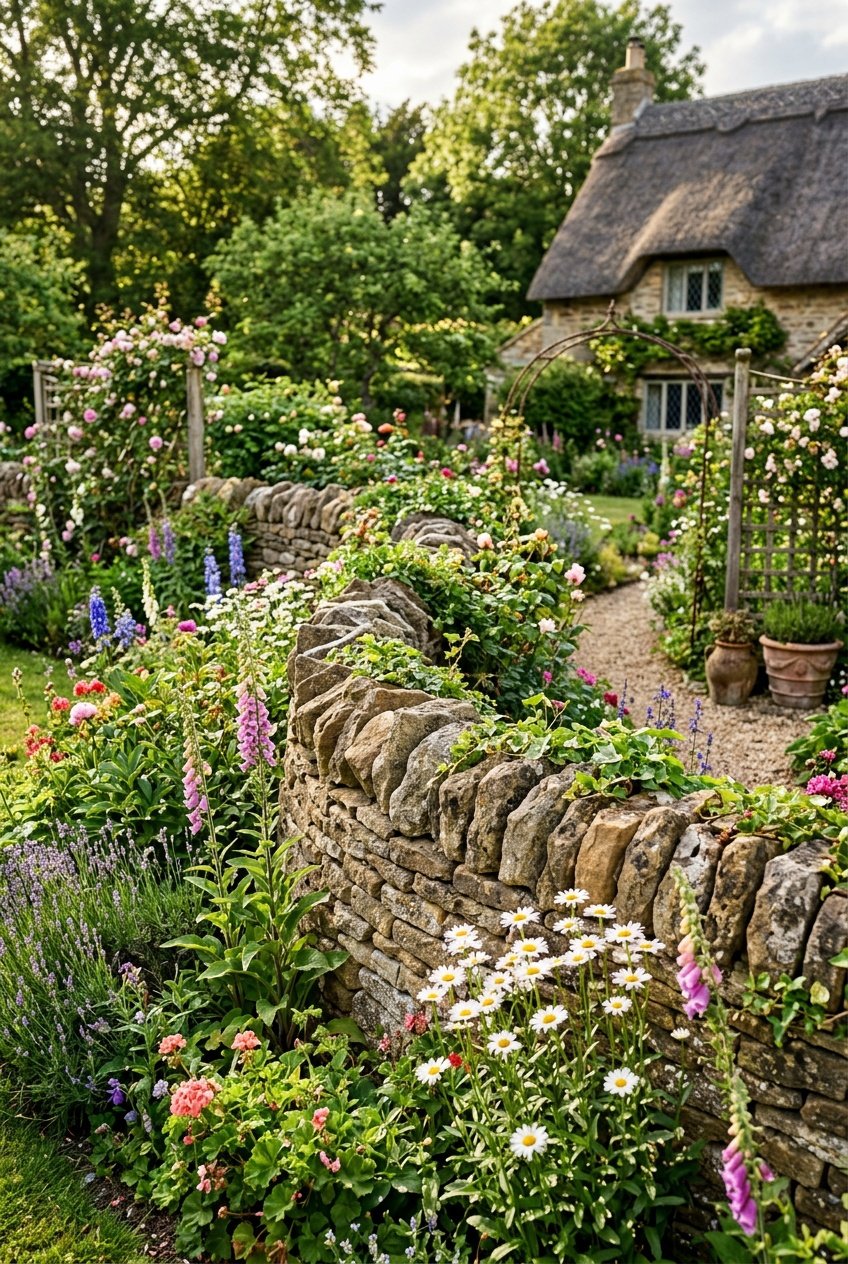 A natural stone wall fence surrounded by blooming cottage garden flowers and greenery under soft sunlight.