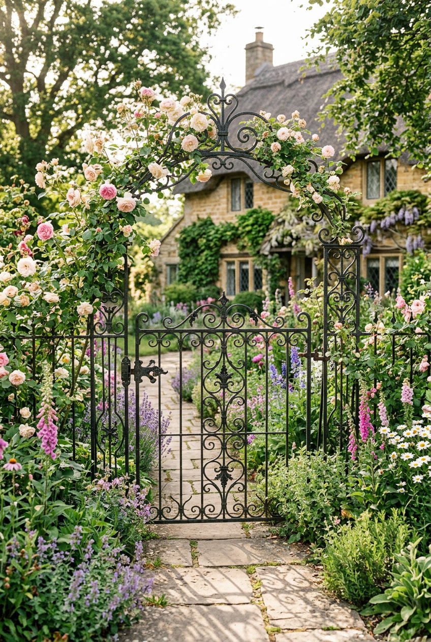 A wrought iron fence with vintage gates surrounded by colorful flowers and greenery in a garden with a stone pathway and a cottage in the background.