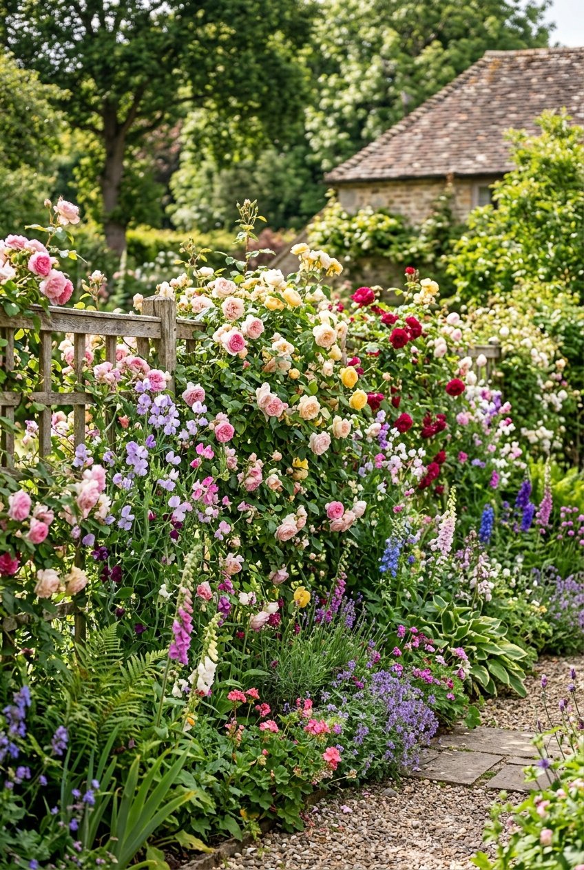 A trellis fence covered with blooming climbing roses and sweet peas in a garden.