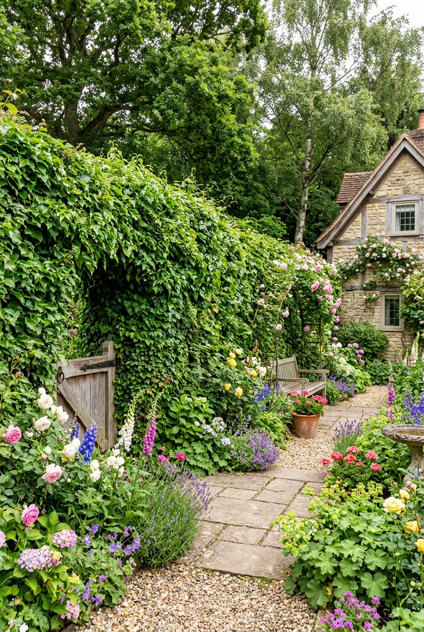 A green wall fence covered with dense ivy or creeping fig plants in a cottage garden with colorful flowers and rustic garden elements.