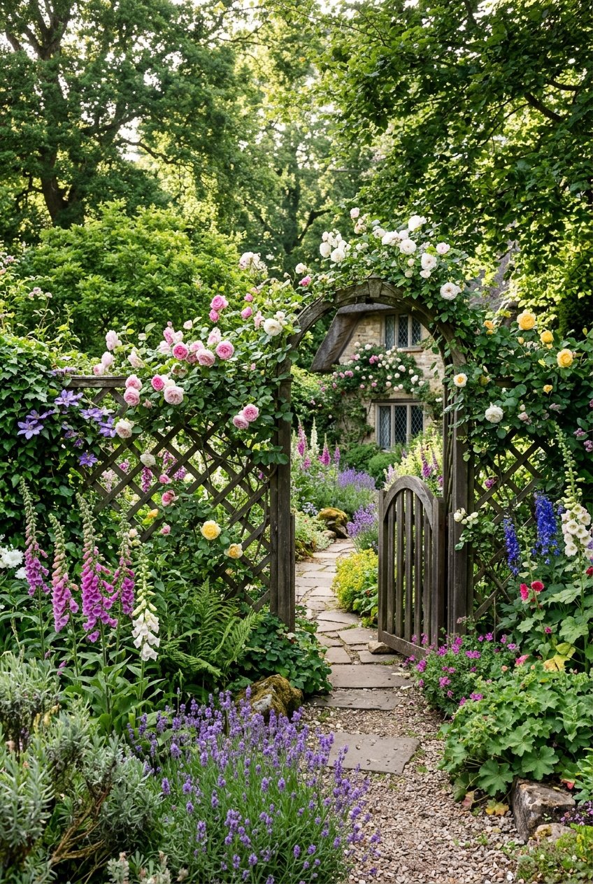 A lattice fence covered with green vines and flowers in a vibrant cottage garden with a garden path in the background.