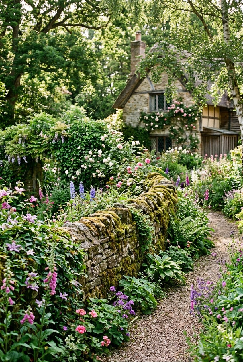 A cobblestone fence covered with moss surrounded by blooming flowers and greenery in a garden.