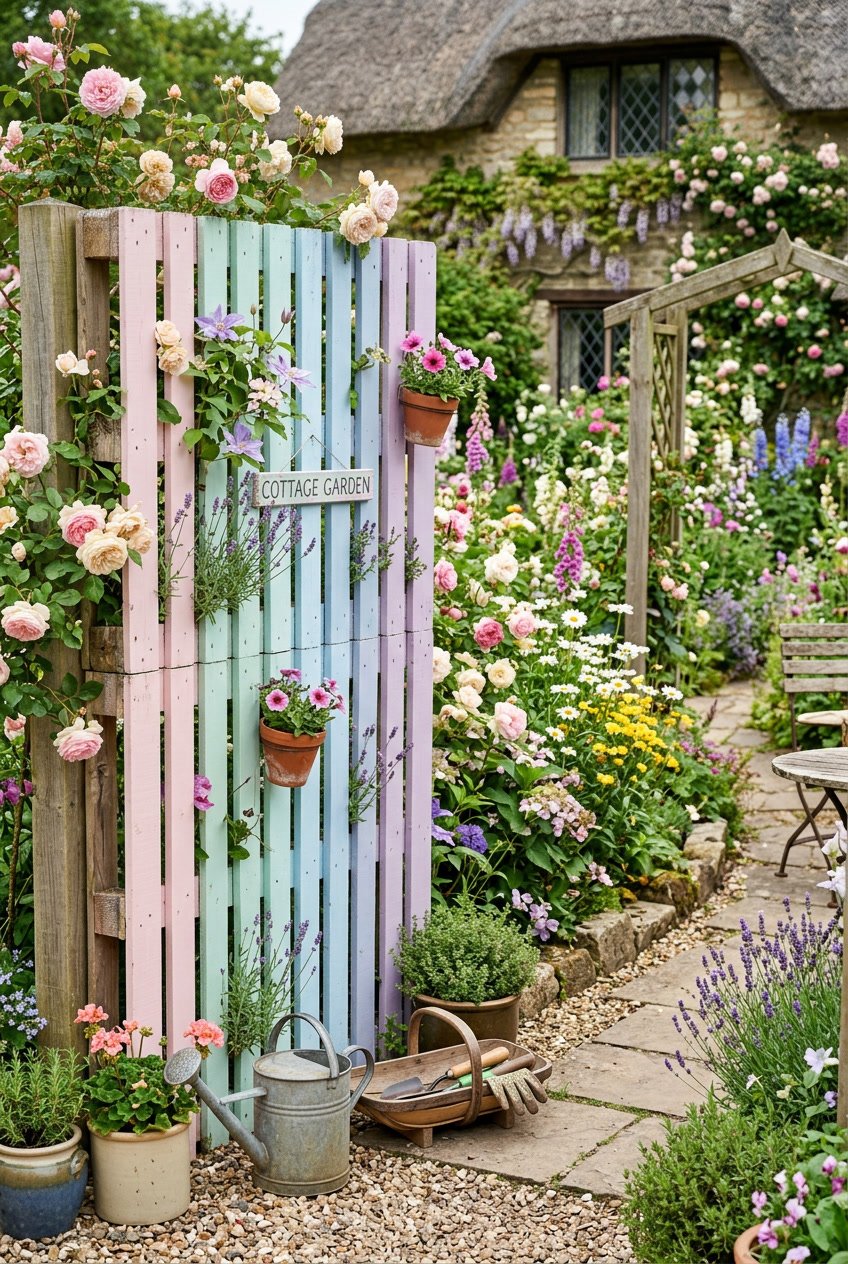 A vertical pallet fence painted in pastel colors surrounded by a lush garden with blooming flowers and greenery.