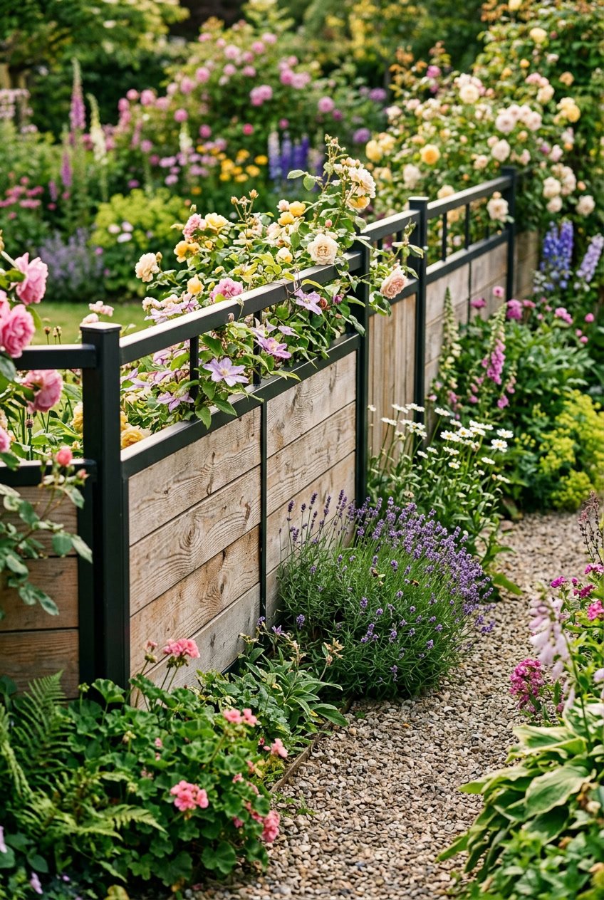 A garden fence made of wood and metal edges surrounded by colorful flowers and greenery in a cottage garden.