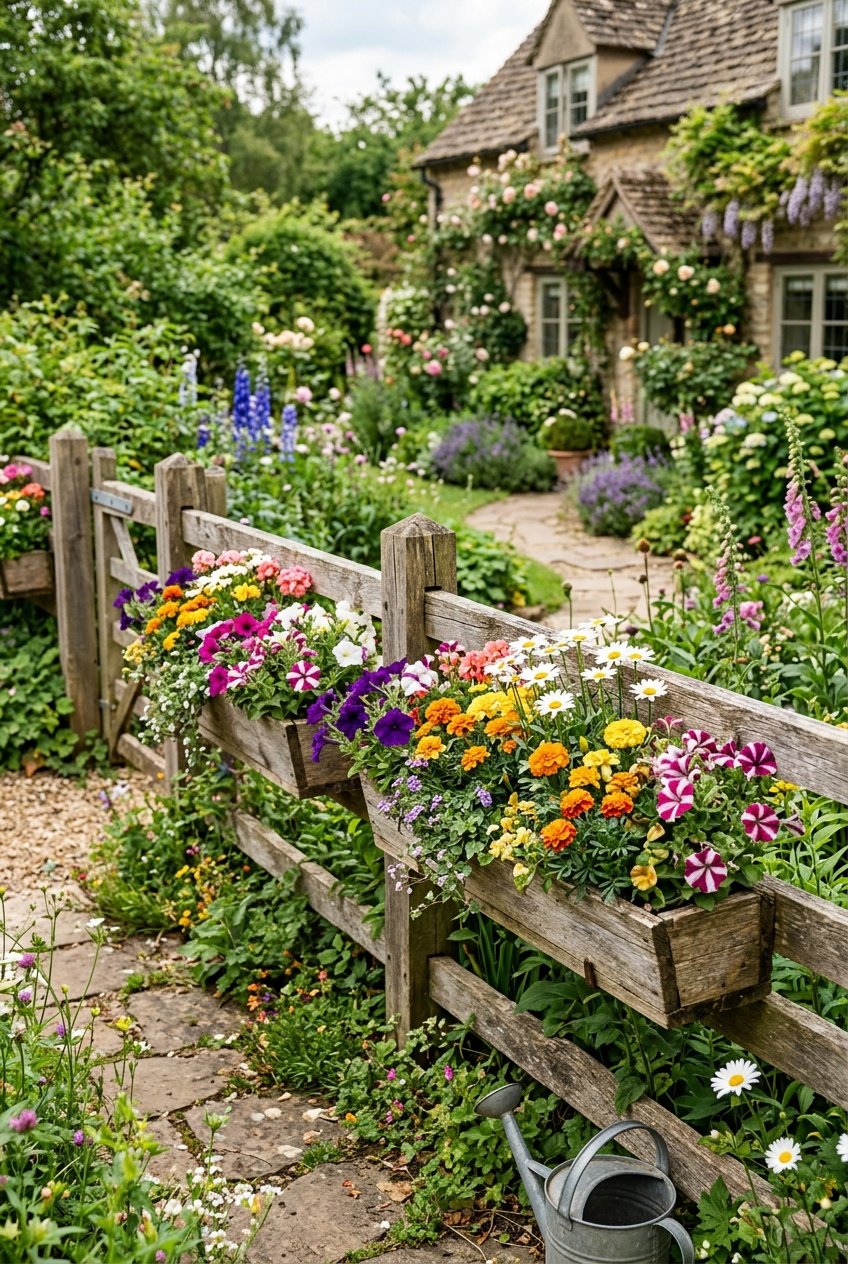 A garden fence with built-in wooden planters filled with colorful flowers in a lush garden setting.