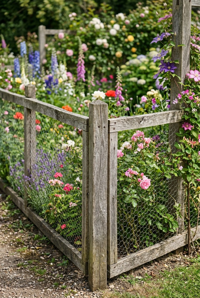 A wooden frame fence with chicken wire enclosing a colorful cottage garden full of flowers and plants.