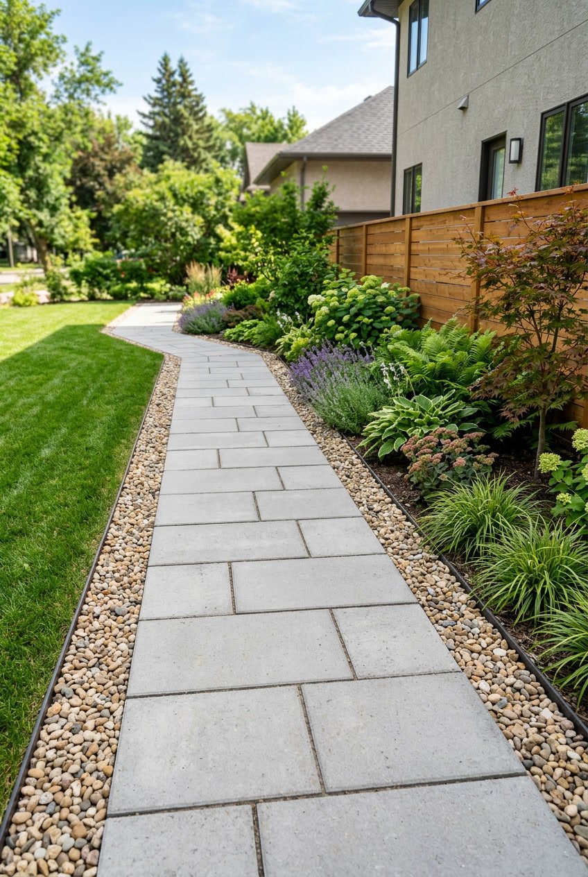A side yard pathway made of concrete pavers bordered by decorative gravel, surrounded by grass and plants.