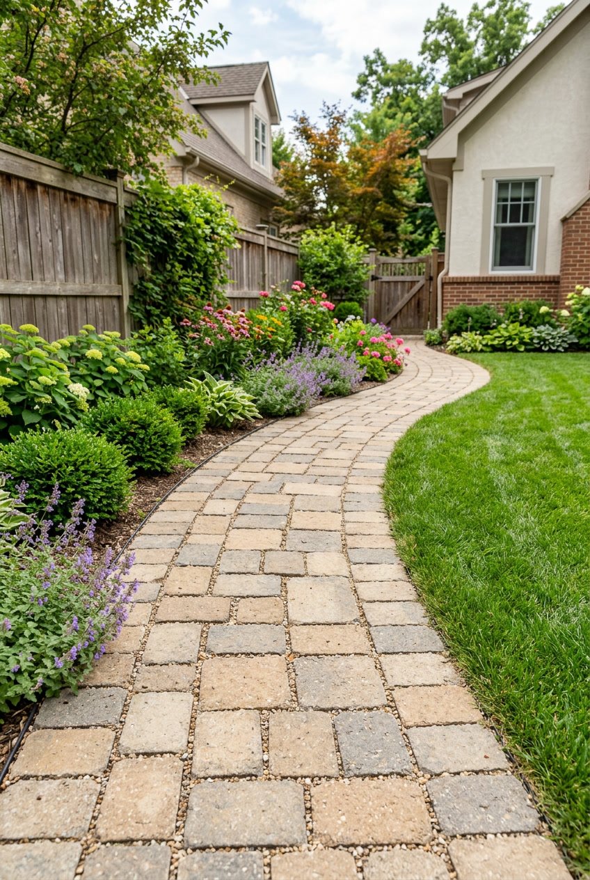 A side yard with a curved walkway made of interlocking pavers surrounded by grass, shrubs, and flowers.