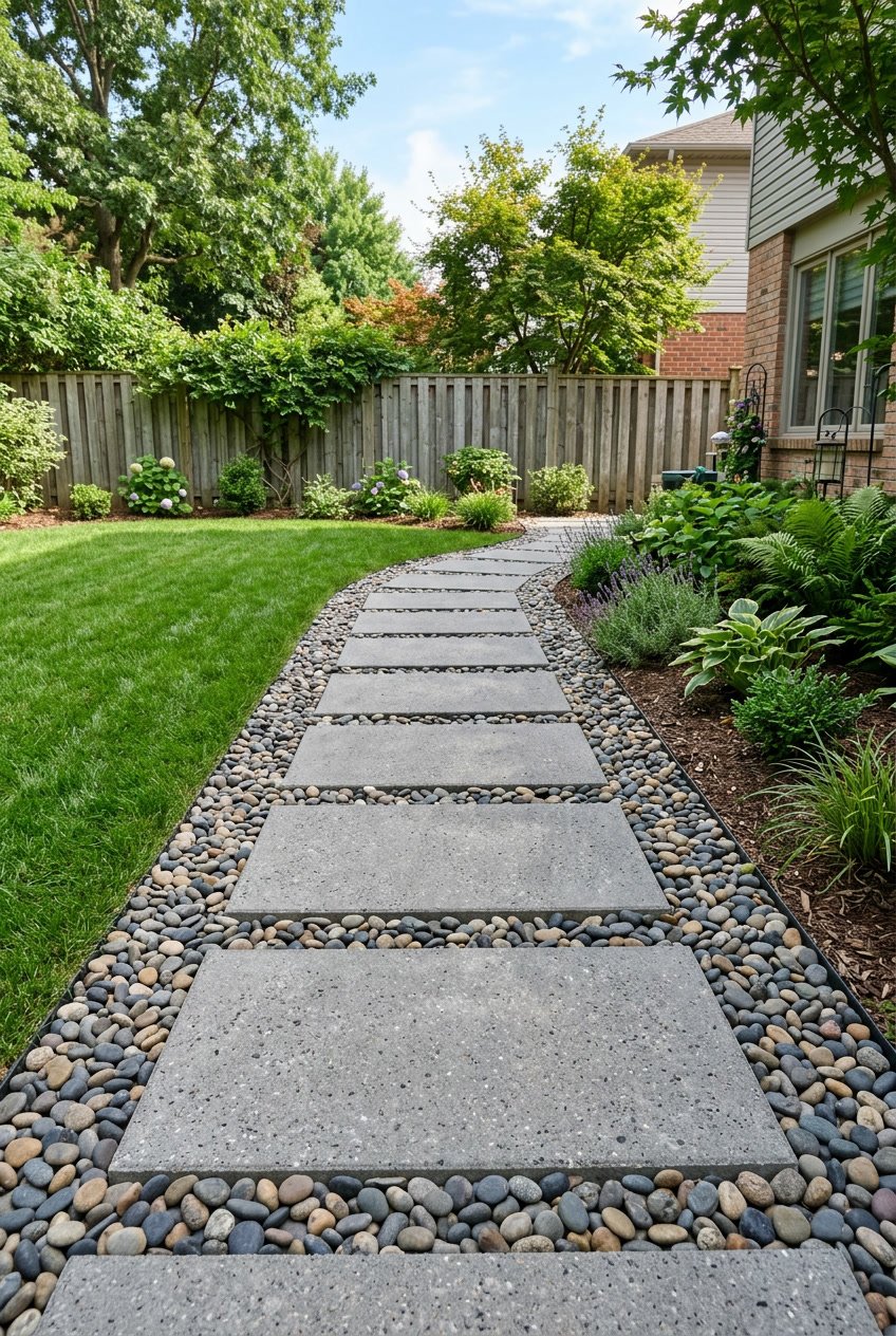 A side yard pathway with large concrete slabs set among colorful beach pebbles, bordered by grass and plants.