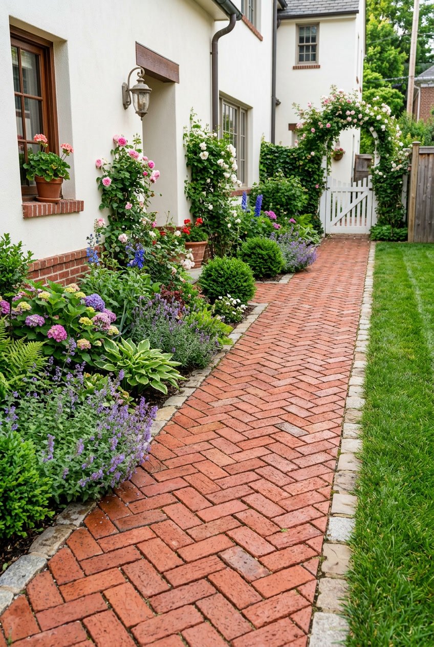 A red brick herringbone side path bordered by green grass and garden plants alongside a house exterior.