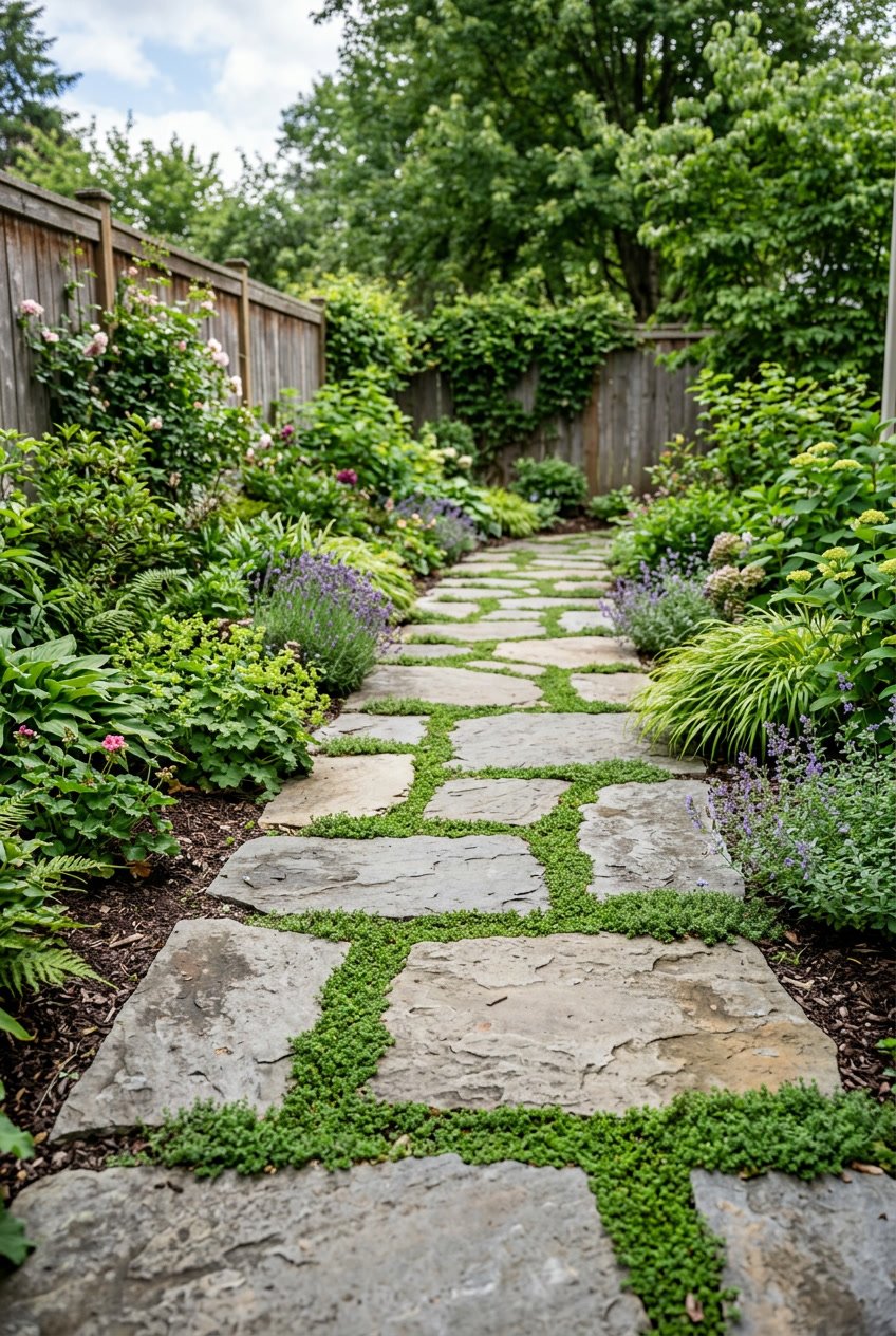 A side yard pathway made of large flagstones with green creeping thyme growing between the stones, surrounded by garden plants and a wooden fence.