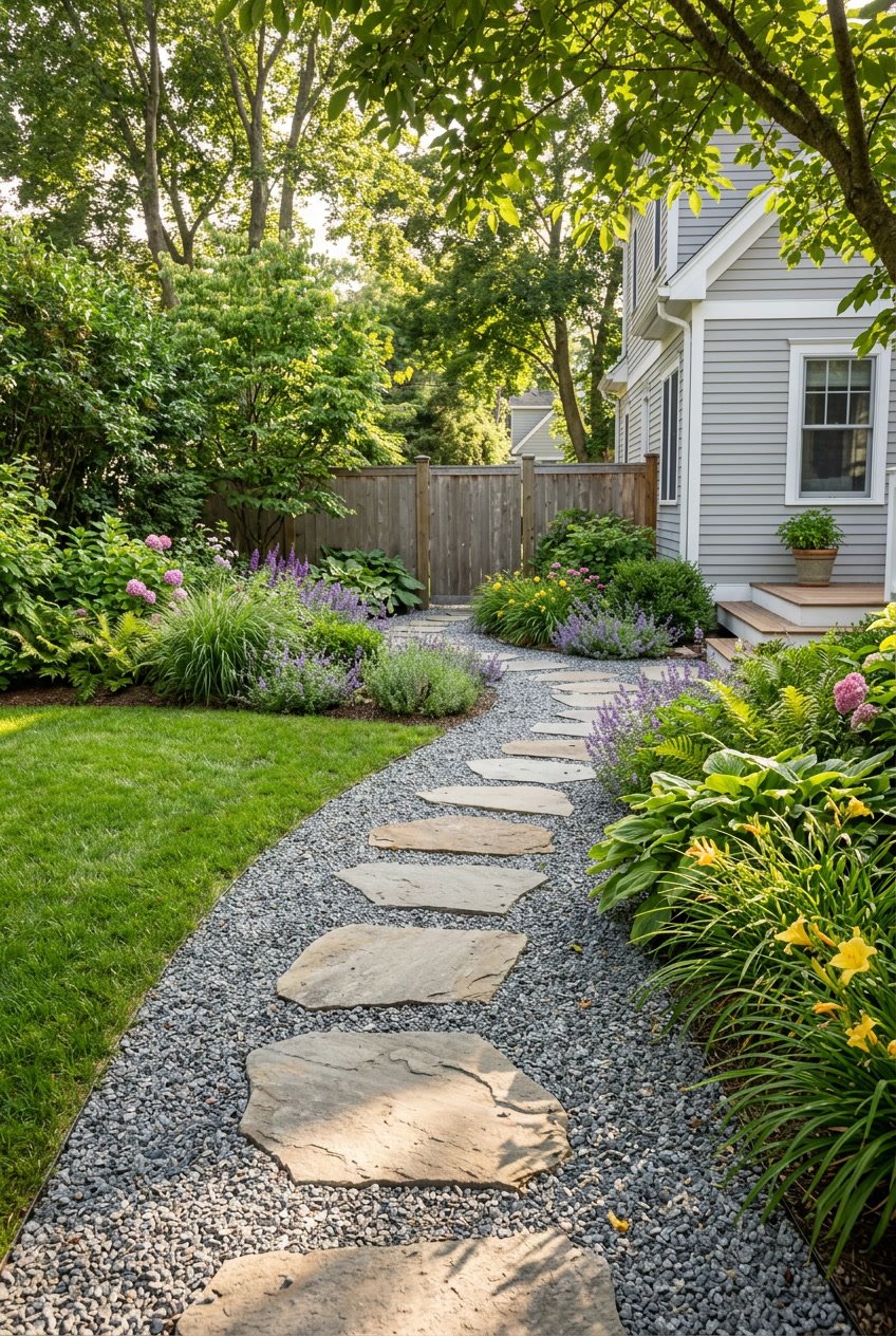 A side yard pathway with stepping stones set in crushed granite, surrounded by green grass and garden plants.