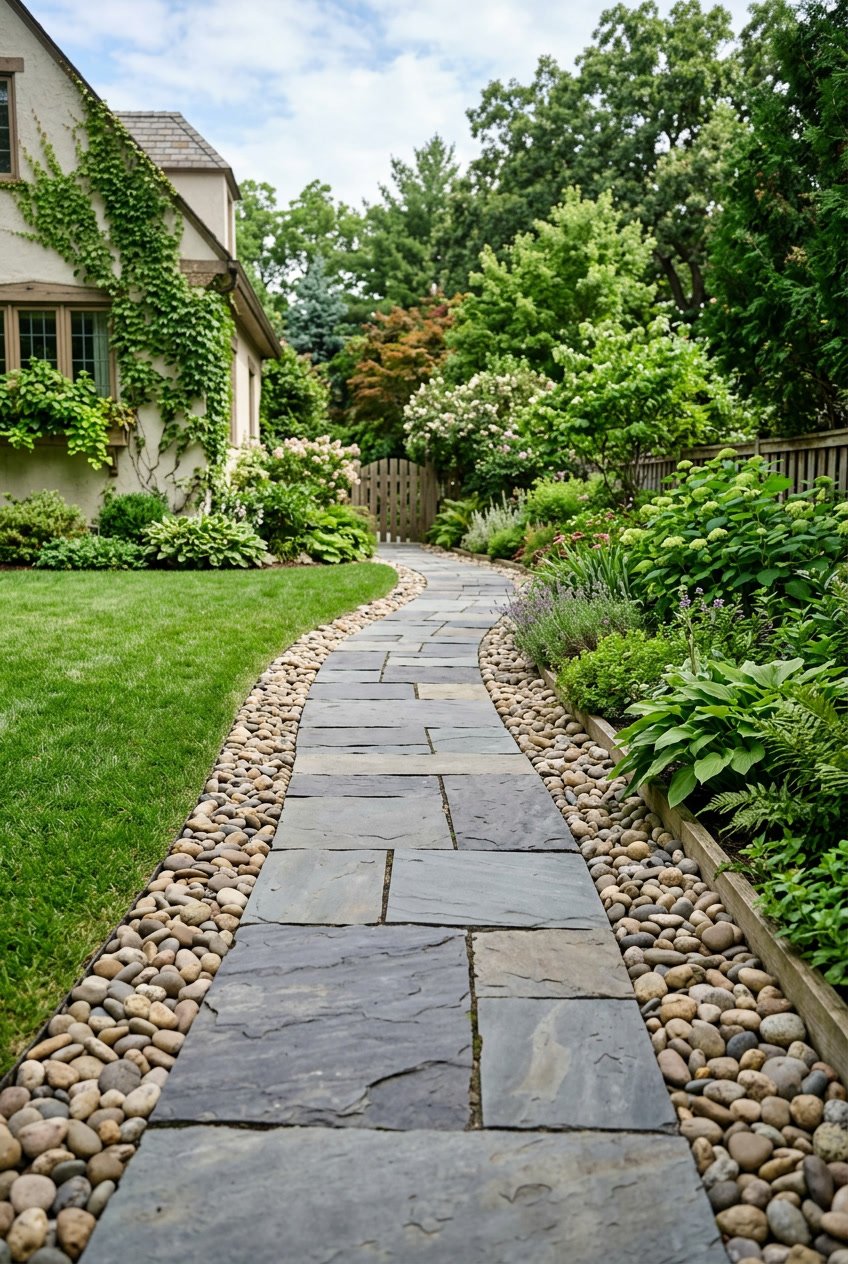 A side yard pathway made of flat slate stones bordered by rounded river rocks, surrounded by grass and garden plants.