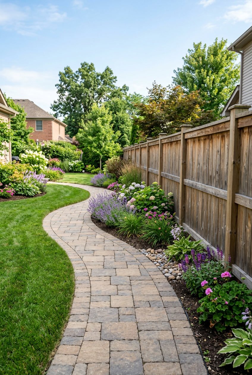 Curved stone paver pathway running along a wooden fence in a green side yard with plants and grass.