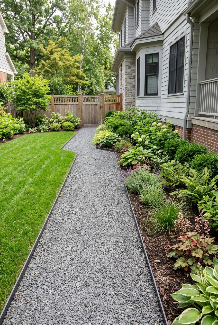 A side yard with a gravel walkway bordered by steel landscape edging, surrounded by grass and plants.