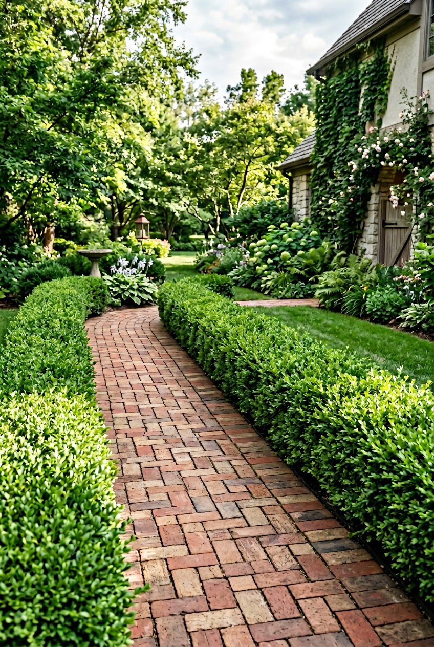 A side yard pathway made of basketweave bricks bordered by trimmed green boxwood shrubs.