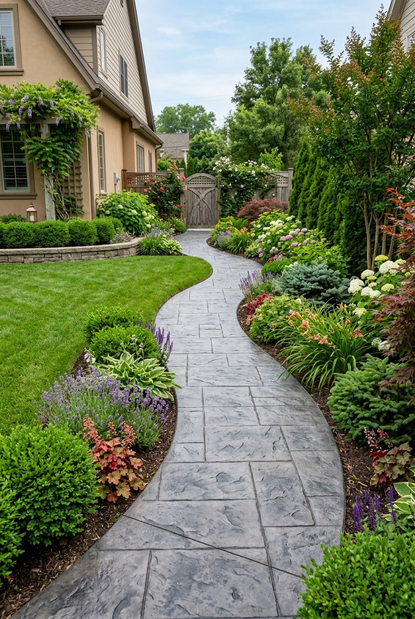 A side yard with a concrete walkway that has a slate texture, surrounded by green grass and plants.
