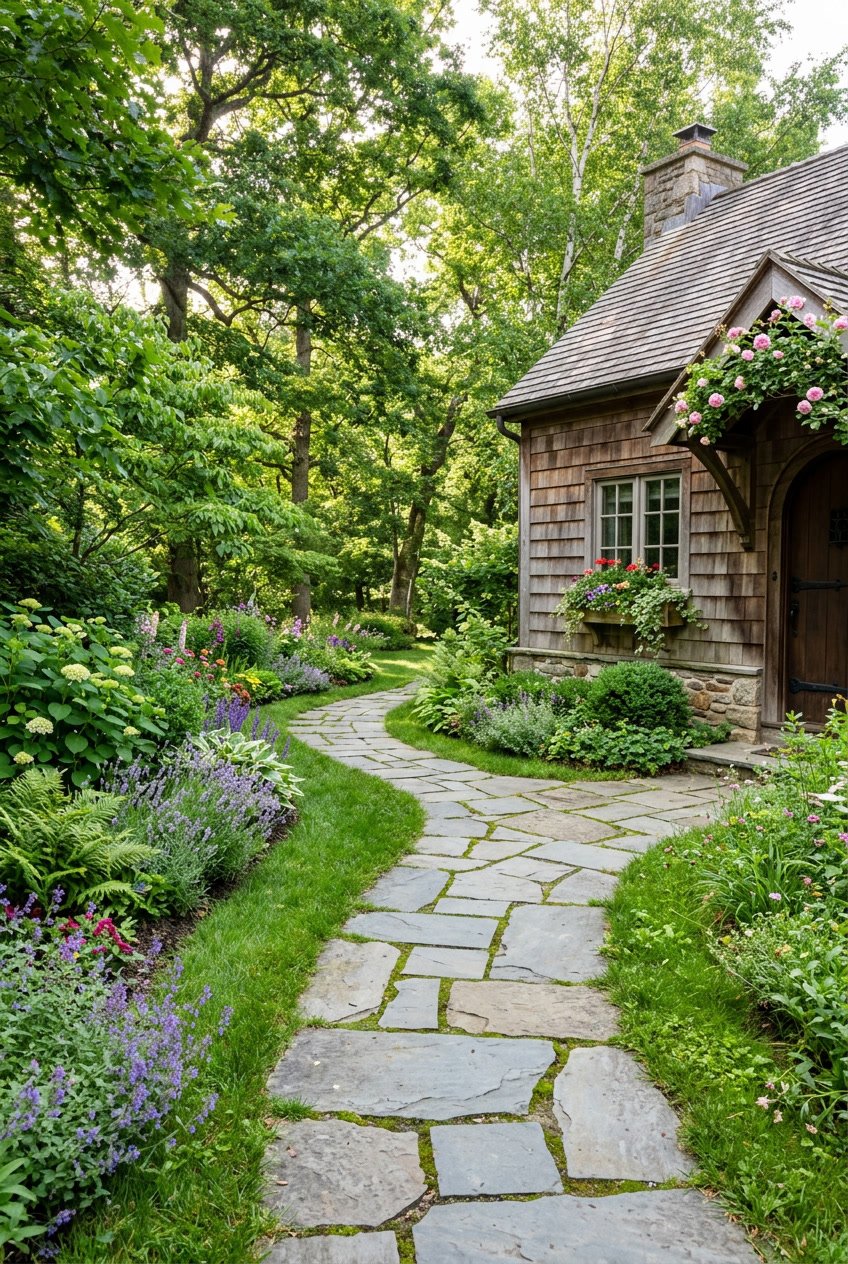 An irregular bluestone path winding through a green side yard next to a cottage surrounded by plants and flowers.