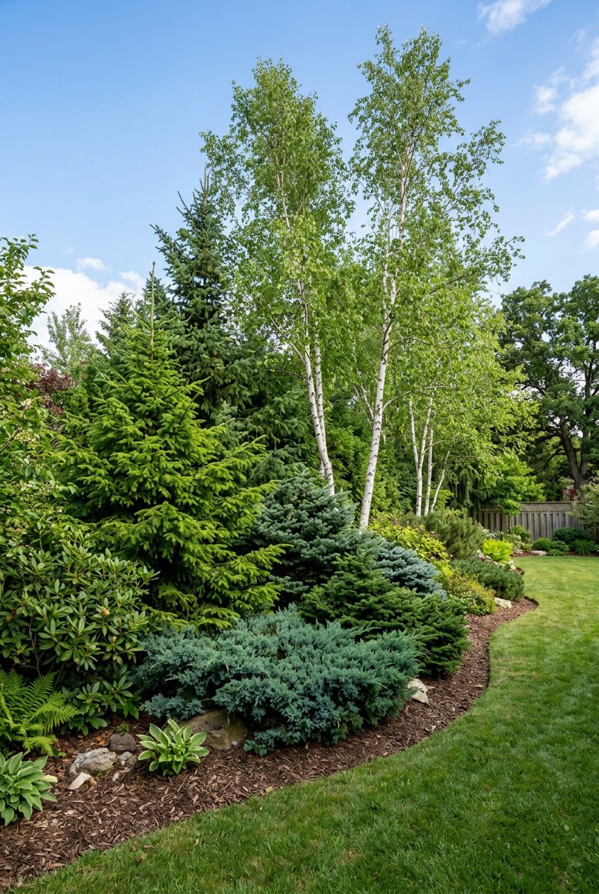 A landscaped garden berm with spruce, juniper, and birch trees providing privacy.