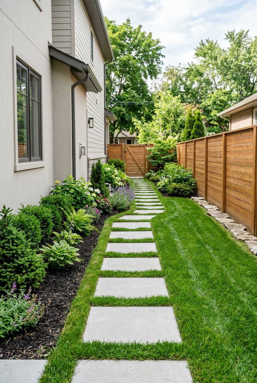 A side yard pathway with alternating green grass strips and concrete step pads, bordered by plants and a wooden fence.