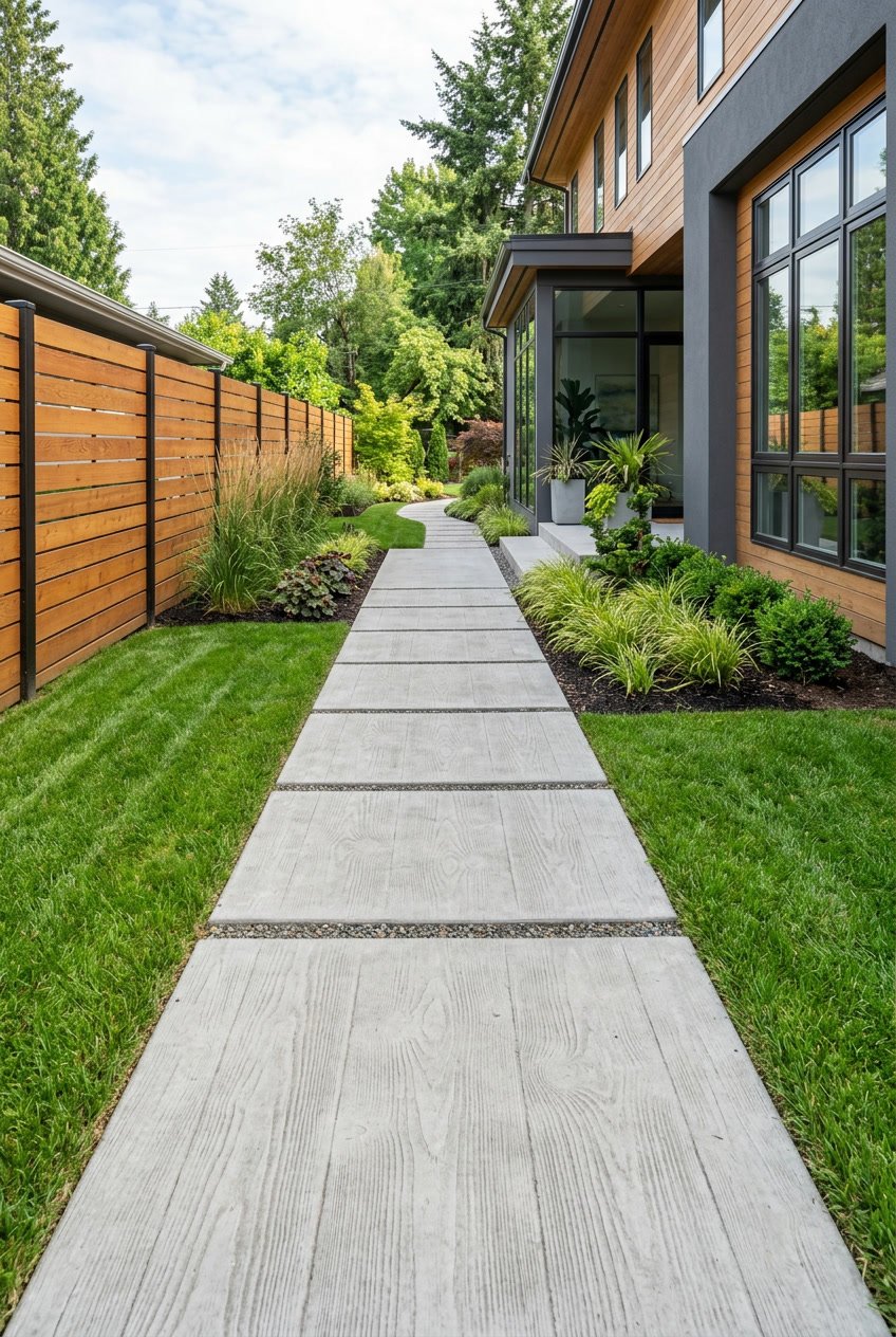 A side yard with a straight concrete pathway bordered by grass and shrubs next to a modern house and wooden fence.