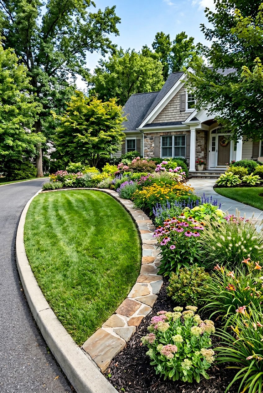 A curved front-yard berm with green grass, colorful flowers, shrubs, and natural stone edging in front of a suburban home.