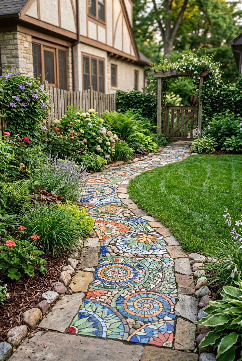 A side yard pathway made of colorful mosaic stepping stones surrounded by green grass and garden plants.