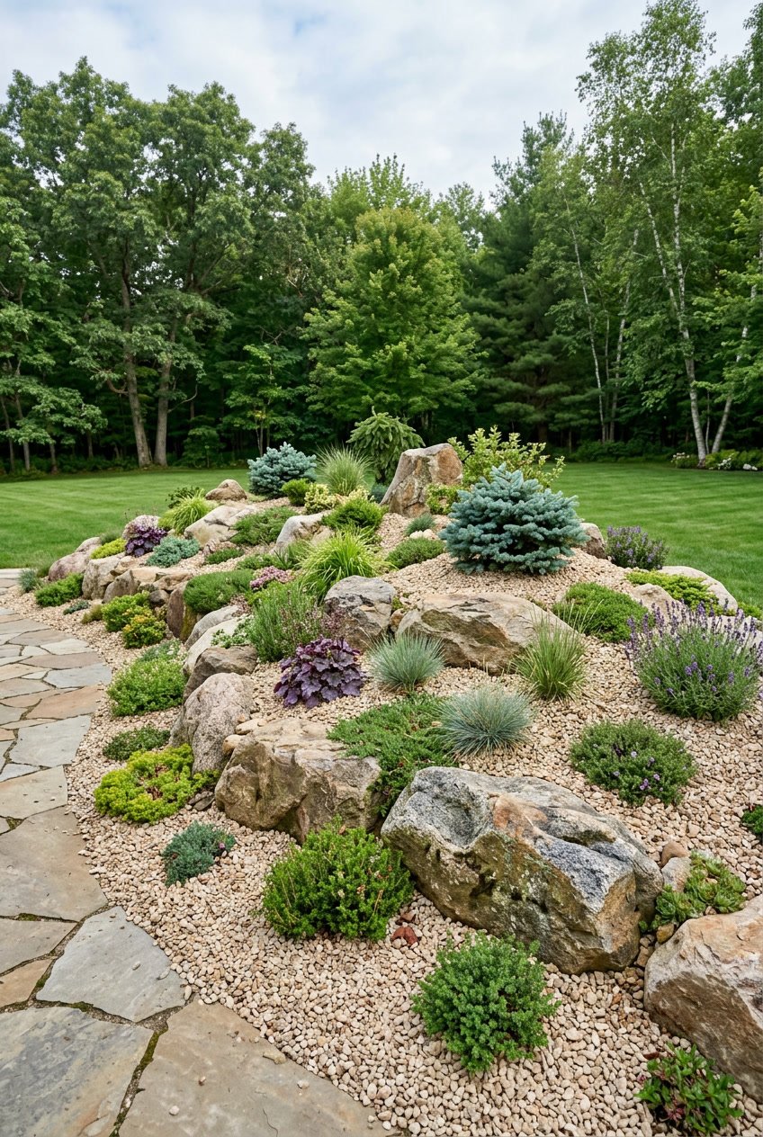 A landscaped rock garden berm with large boulders, crushed stone, small shrubs, and ornamental grasses in an outdoor garden.