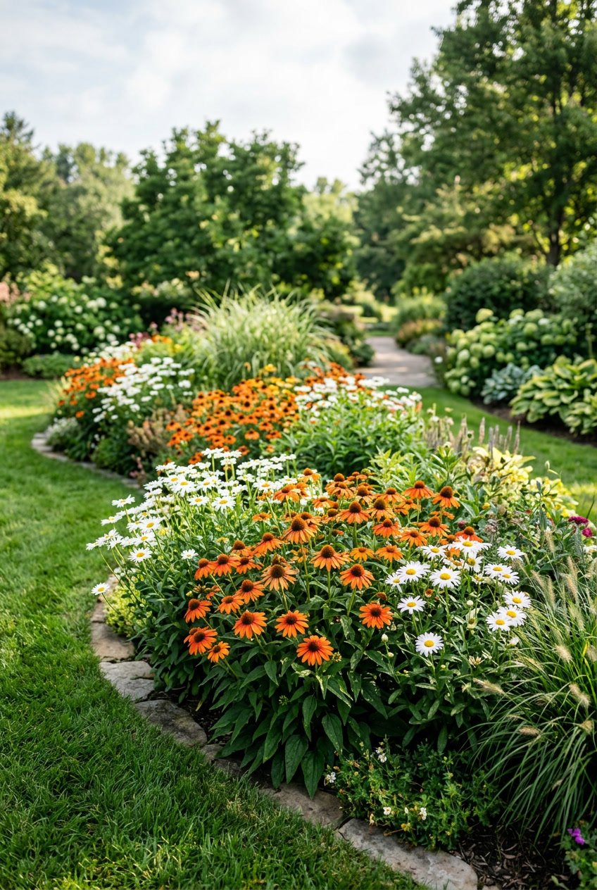 A flowering berm with white daisies and orange coneflowers surrounded by green grass.