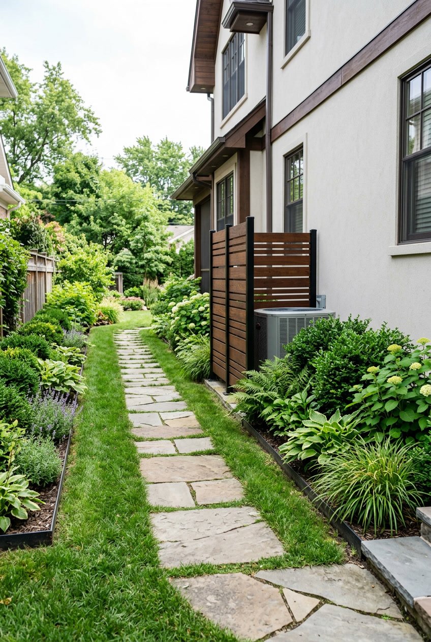 A side yard pathway with a hidden air conditioning unit behind a decorative screen surrounded by green plants and grass.
