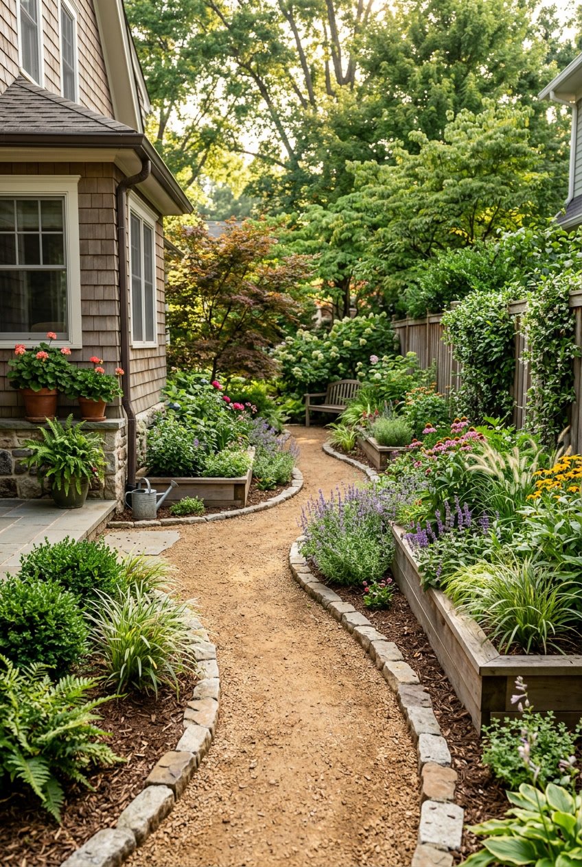 A side yard with a decomposed granite path bordered by raised planter beds filled with green plants and flowers.