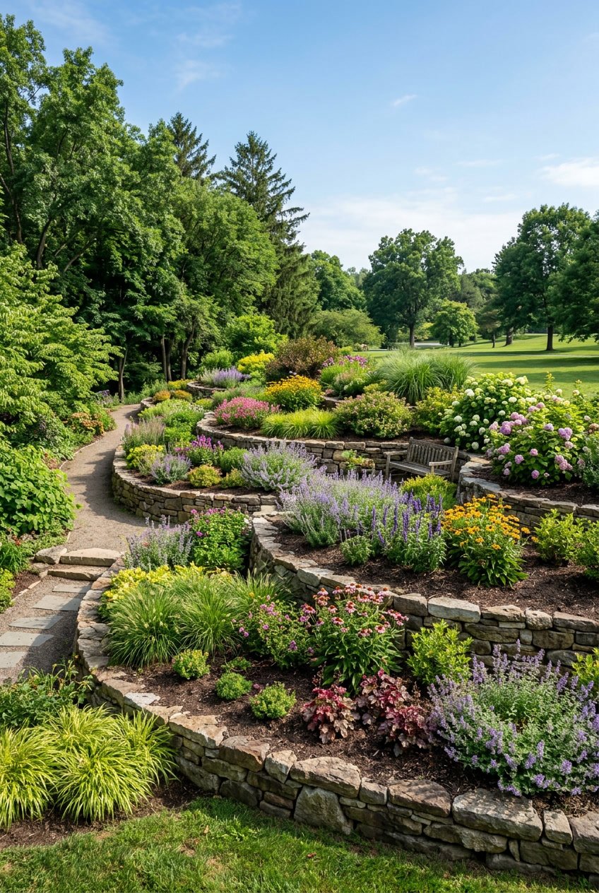 A multi-level berm with terraced planting pockets filled with various plants and shrubs in a garden setting.