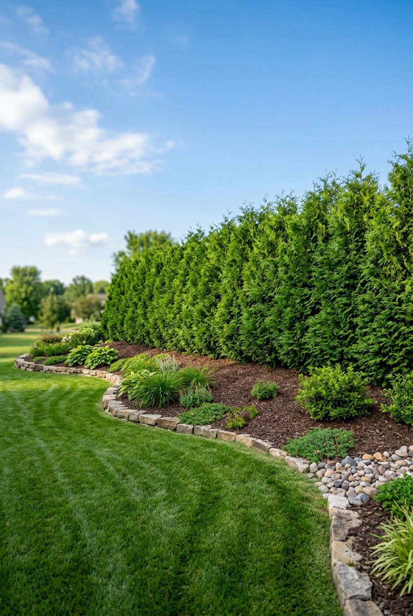 A landscaped outdoor scene with a dense row of emerald green arborvitae trees forming a privacy berm.