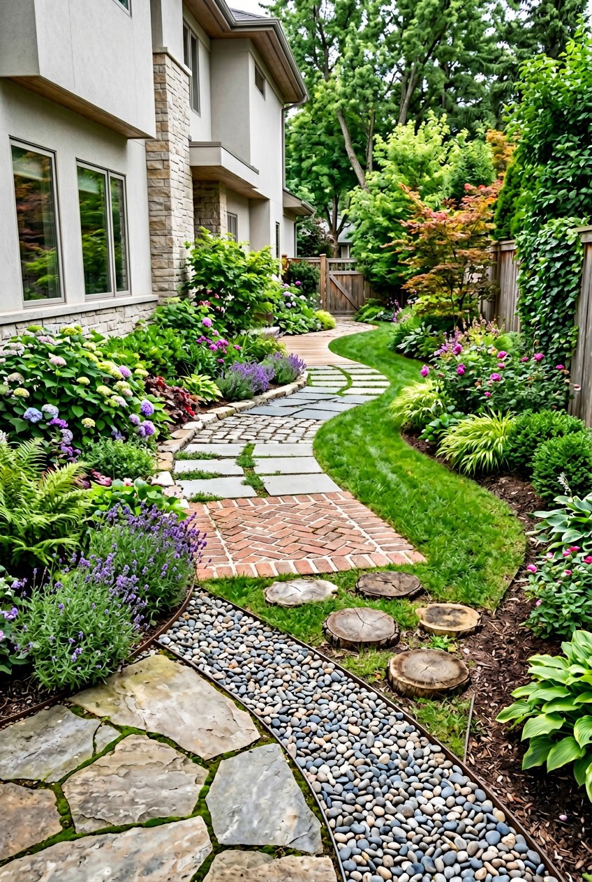 A side yard with multiple types of pathways bordered by plants and grass next to a house.