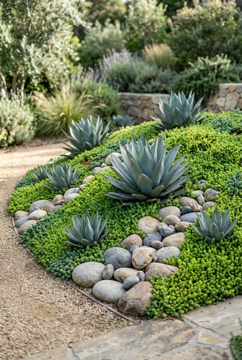 A landscaped berm with green sedum plants, agave, and smooth river rocks arranged on a gentle slope outdoors.