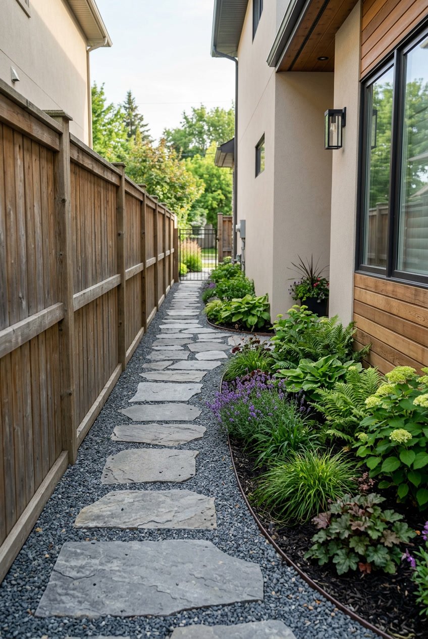 A narrow side yard pathway bordered by plants and a wooden fence, with stone and gravel materials making up the path.
