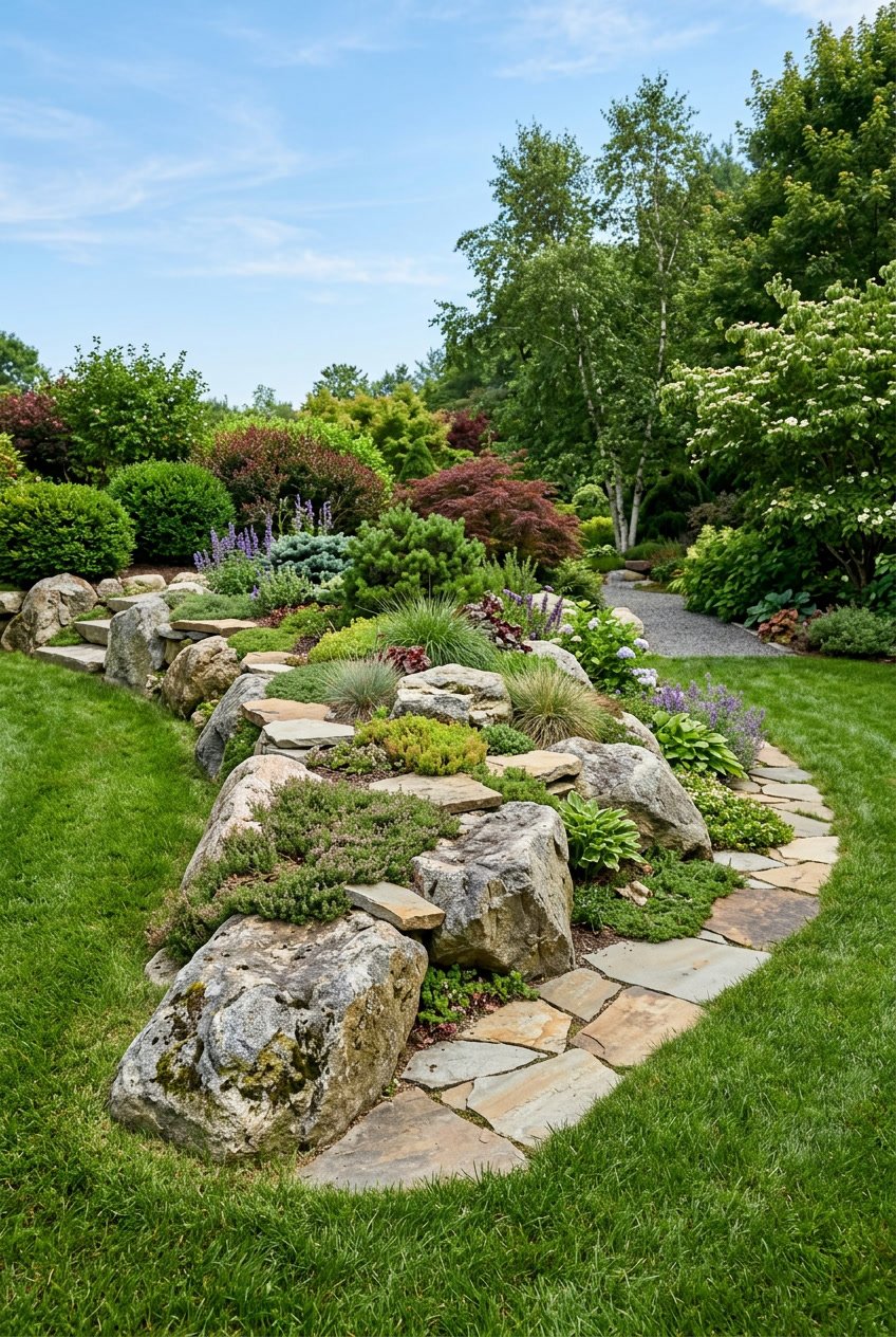 A landscaped garden berm with large granite boulders and flat flagstone accents surrounded by grass and plants.