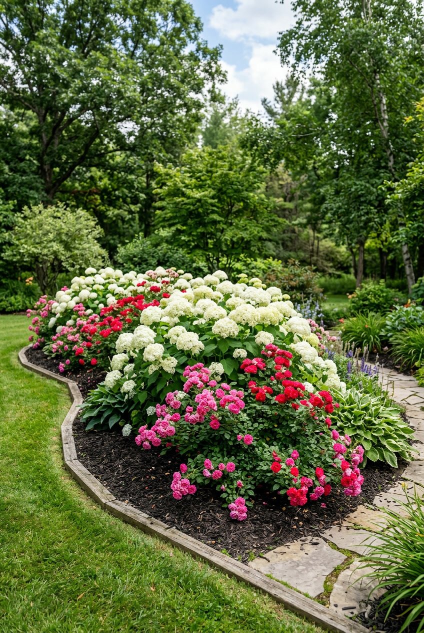 A garden berm with white Annabelle hydrangeas and pink and red Flower Carpet roses surrounded by green foliage.
