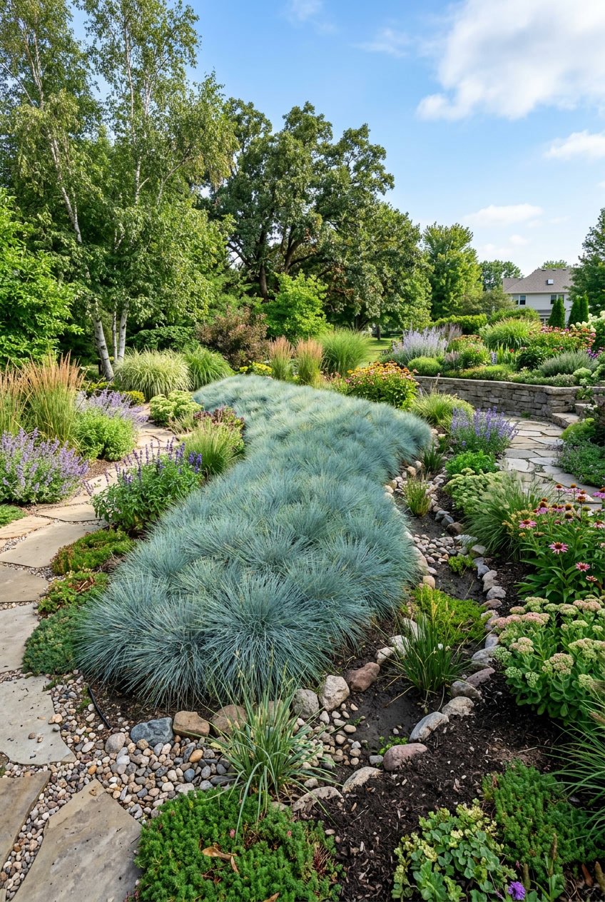 A landscaped berm with blue fescue grass and curved swale edges surrounded by green plants under clear daylight.