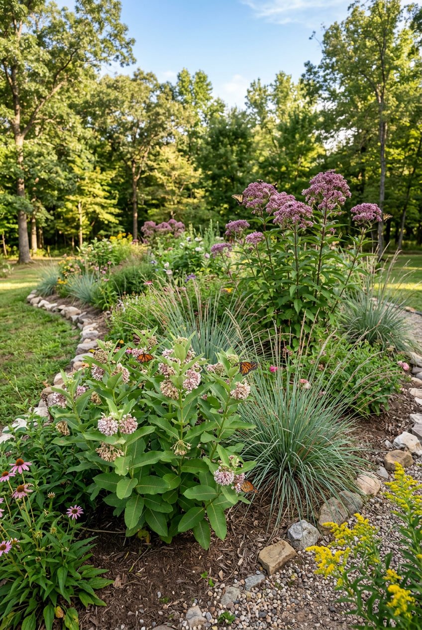 A landscaped berm with milkweed, Joe-Pye weed, and little bluestem grasses in a sunny outdoor setting.