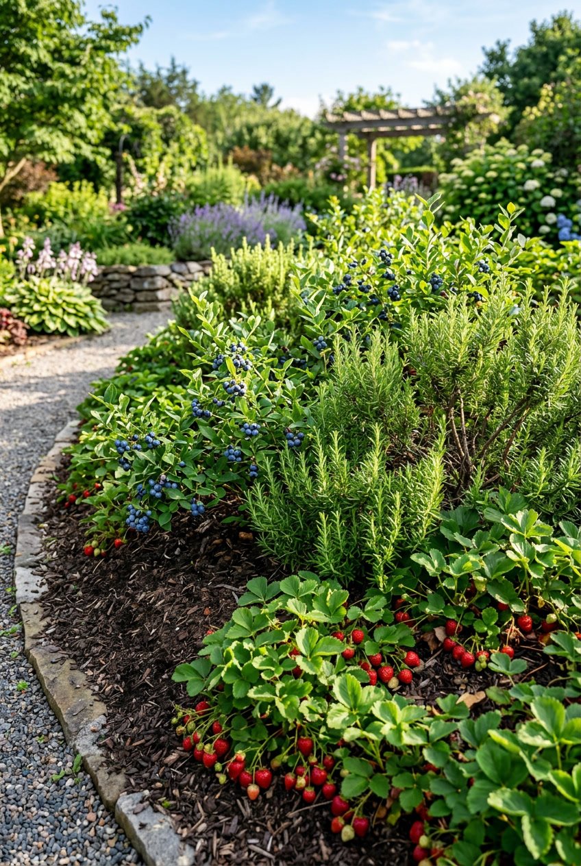 A landscaped berm with blueberry bushes, rosemary plants, and strawberry groundcover in a garden.