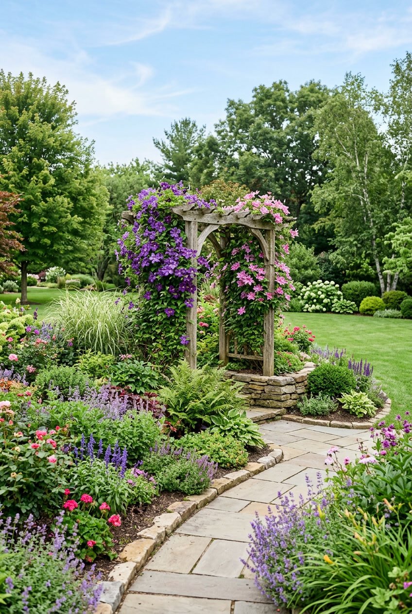 A garden with a sloping berm covered in green vines and colorful clematis flowers climbing over a wooden arbor surrounded by various plants.