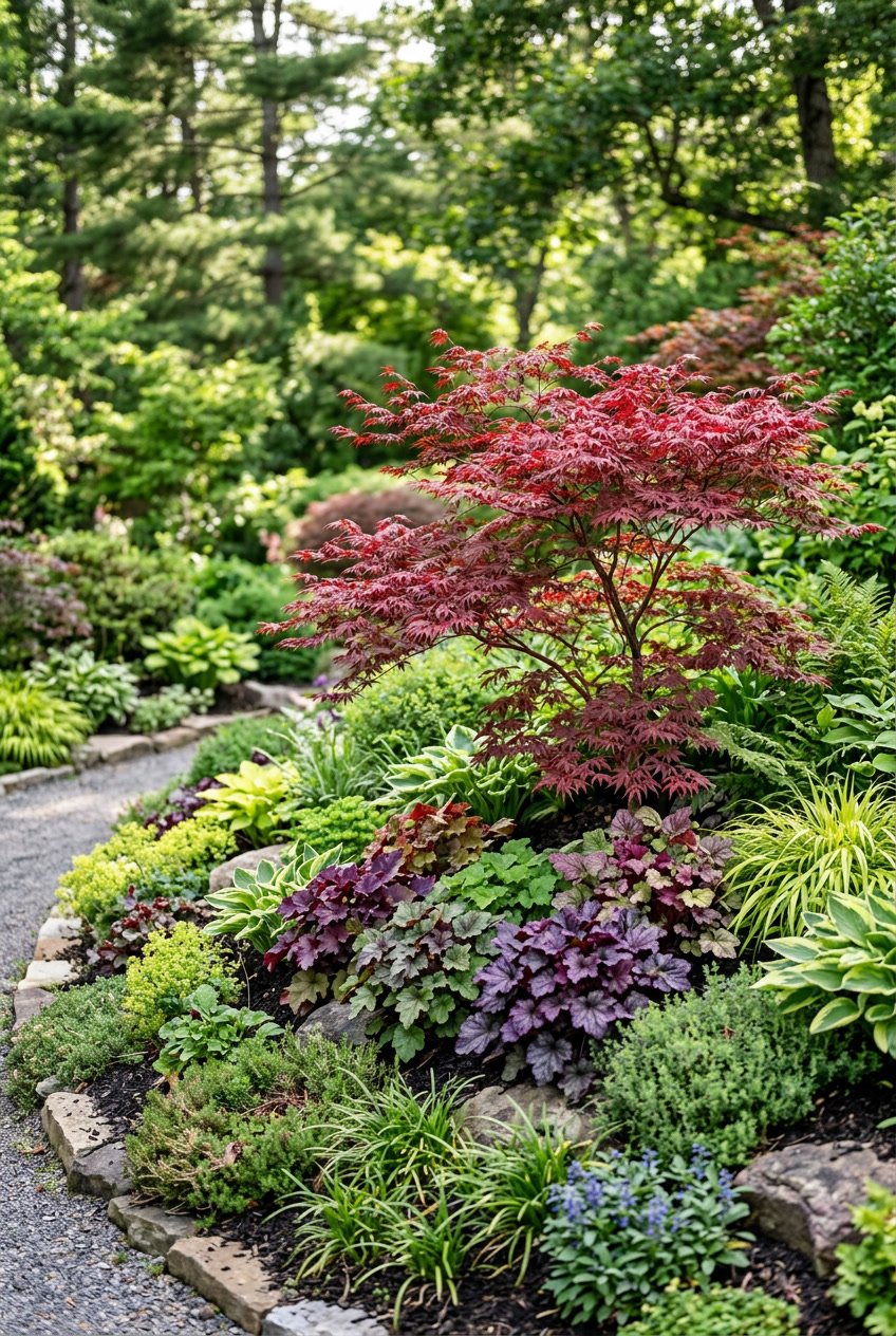 A landscaped garden berm with a Japanese Maple tree and clusters of Heuchera plants surrounded by green foliage.