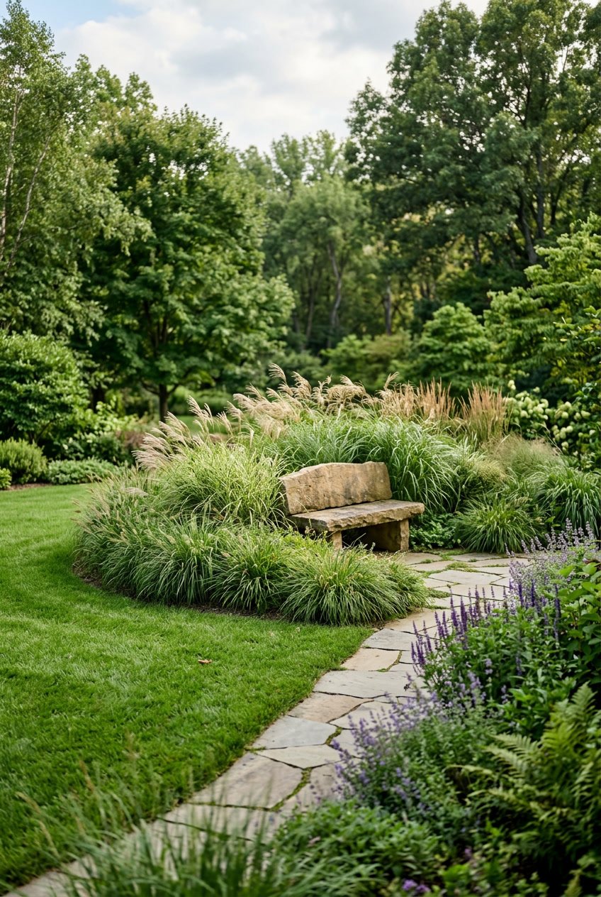 Outdoor seating area with a stone bench on a grassy berm surrounded by ornamental grasses.