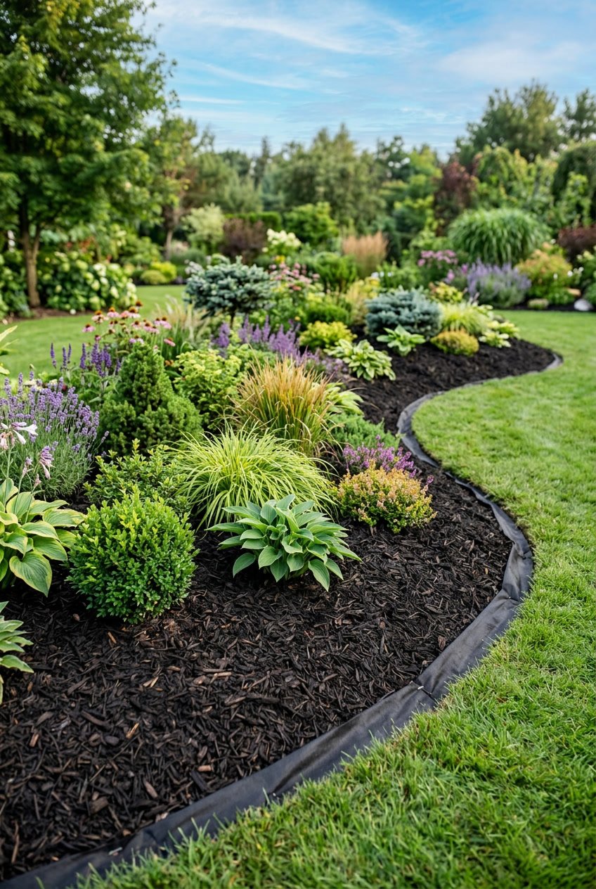 A landscaped garden berm covered with dark organic bark mulch and black weed barrier fabric, surrounded by green plants and shrubs.