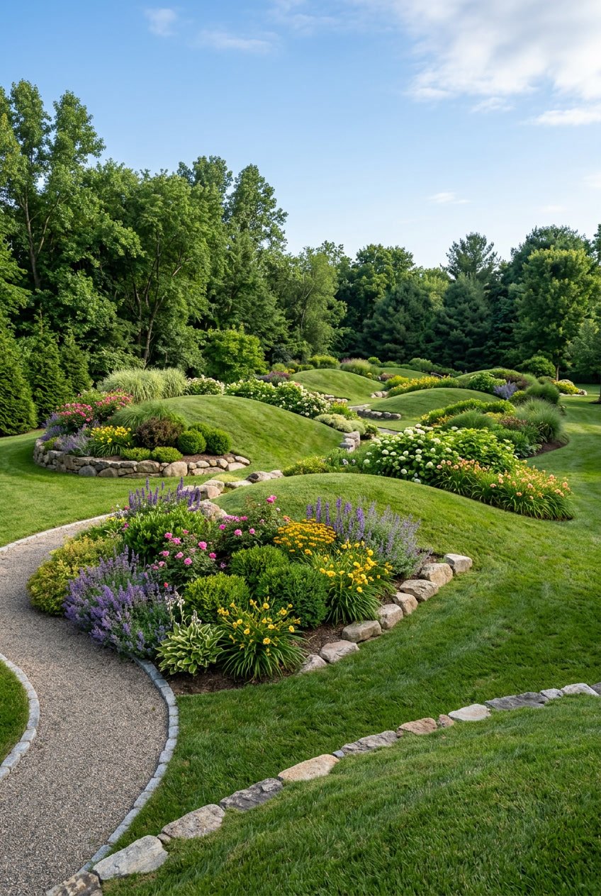 A landscaped garden with multiple grassy berms, flowering plants, shrubs, natural stones, and trees under a clear blue sky.