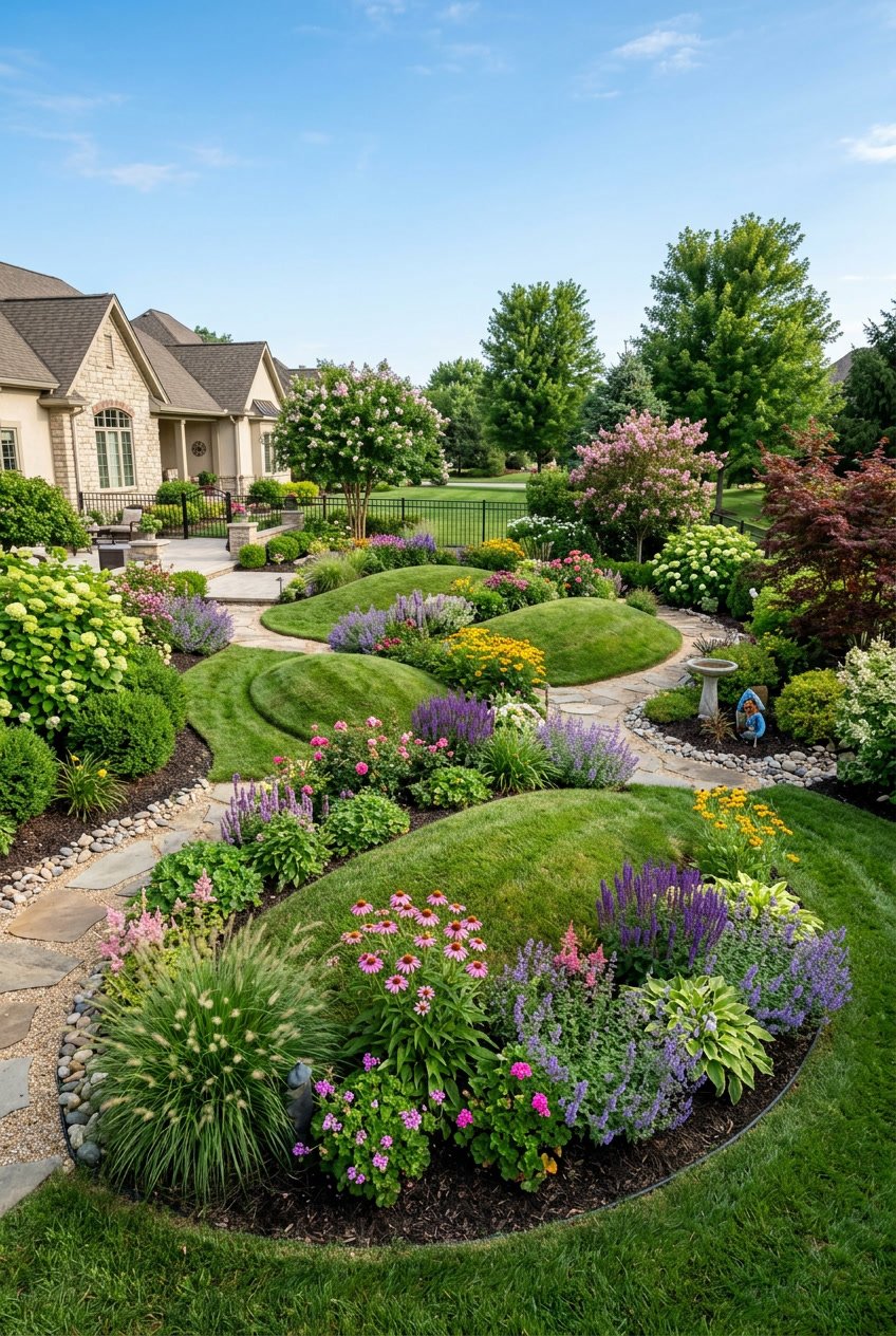 A landscaped garden with multiple green berms, colorful flowers, shrubs, and small trees under a clear blue sky.
