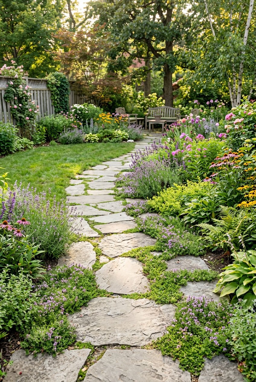A winding backyard garden path made of flagstone with creeping thyme growing between the stones, surrounded by green plants and flowers.